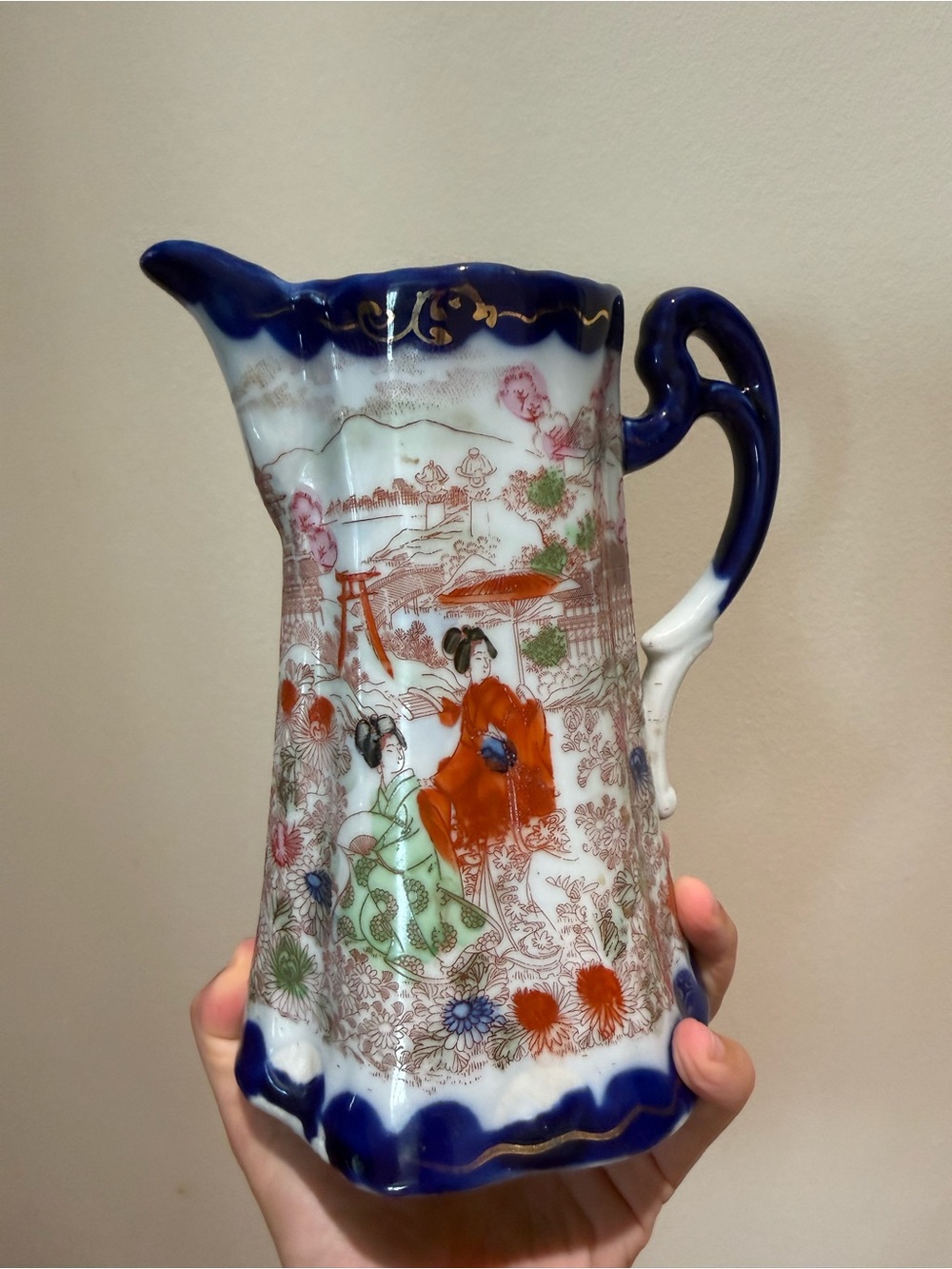 Vintage Japanese Geisha Girl Porcelain Pitcher Hand Painted Cobalt Blue Gold